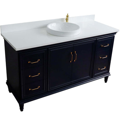 61" Single sink vanity in Blue finish and White quartz and round sink - 400800-61S-BU-WERD