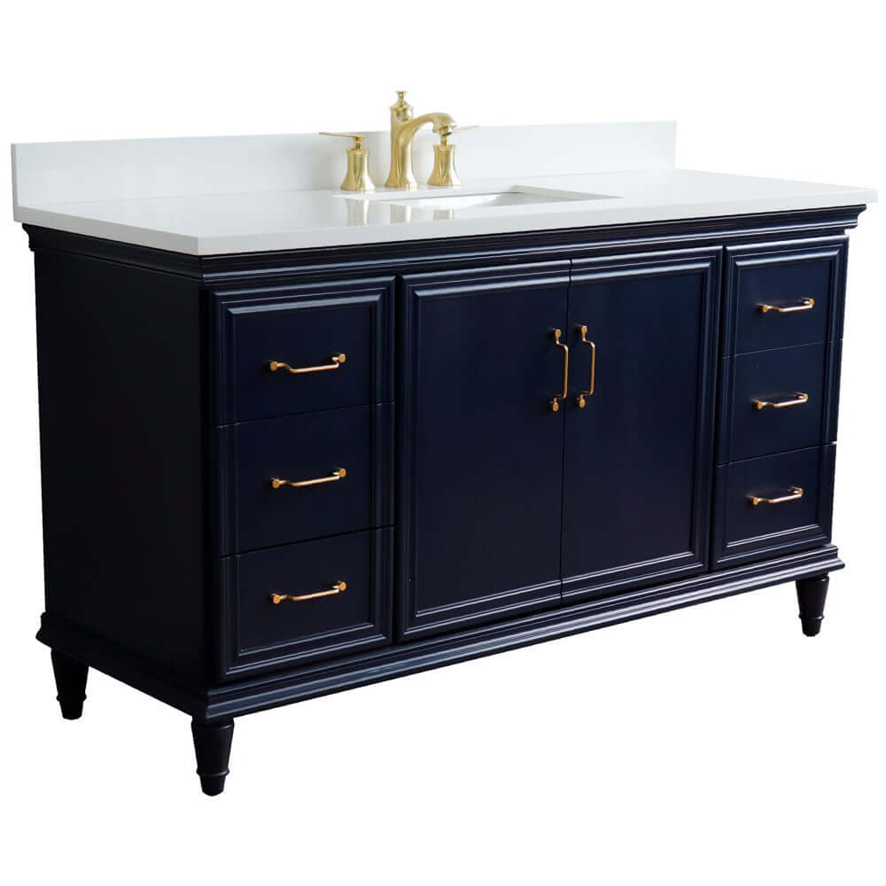 61" Single sink vanity in Blue finish and White quartz and rectangle sink - 400800-61S-BU-WER