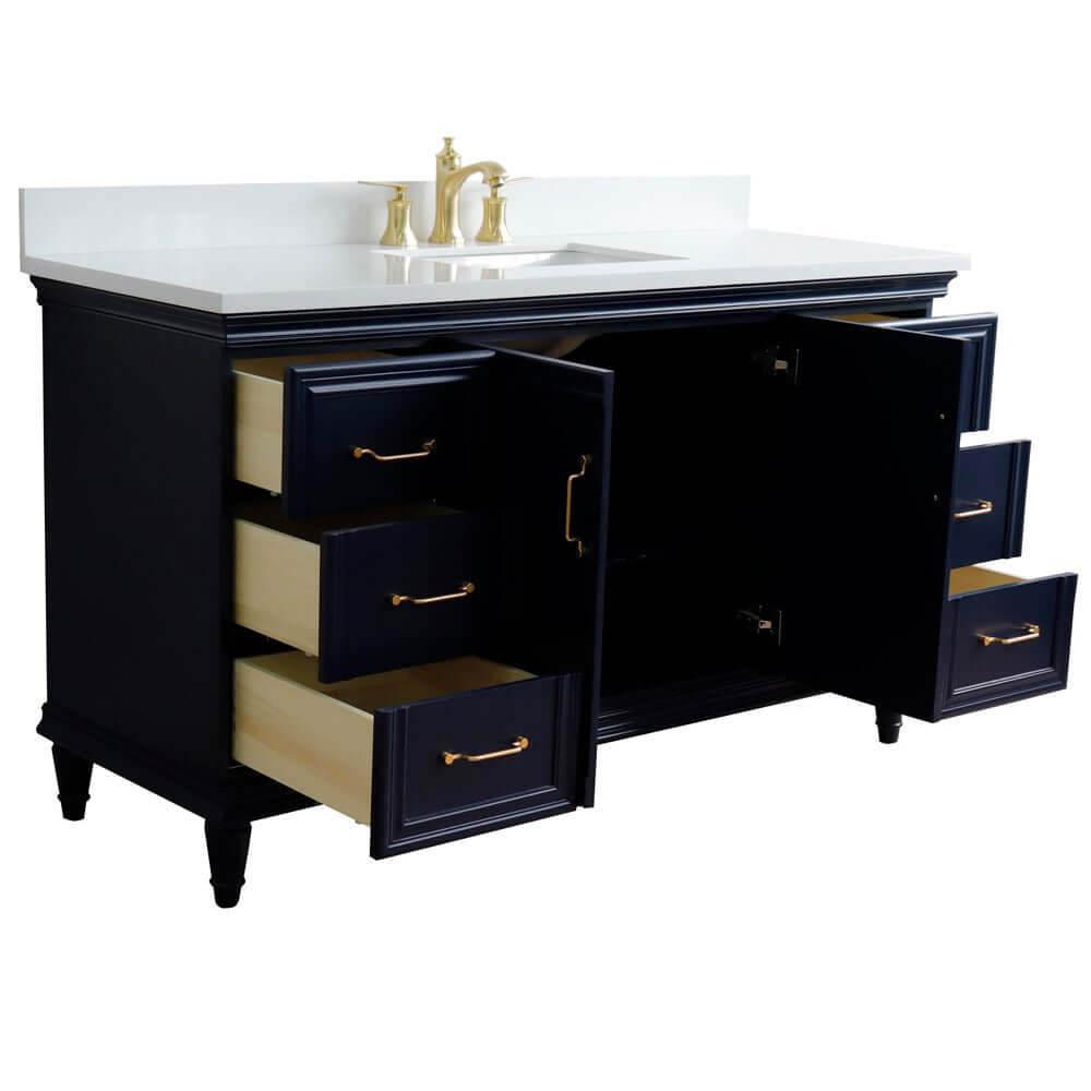 61" Single sink vanity in Blue finish and White quartz and rectangle sink - 400800-61S-BU-WER