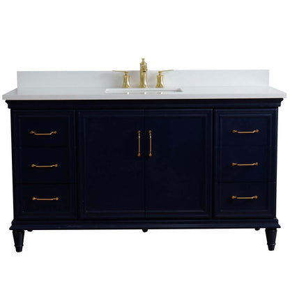 61" Single sink vanity in Blue finish and White quartz and rectangle sink - 400800-61S-BU-WER