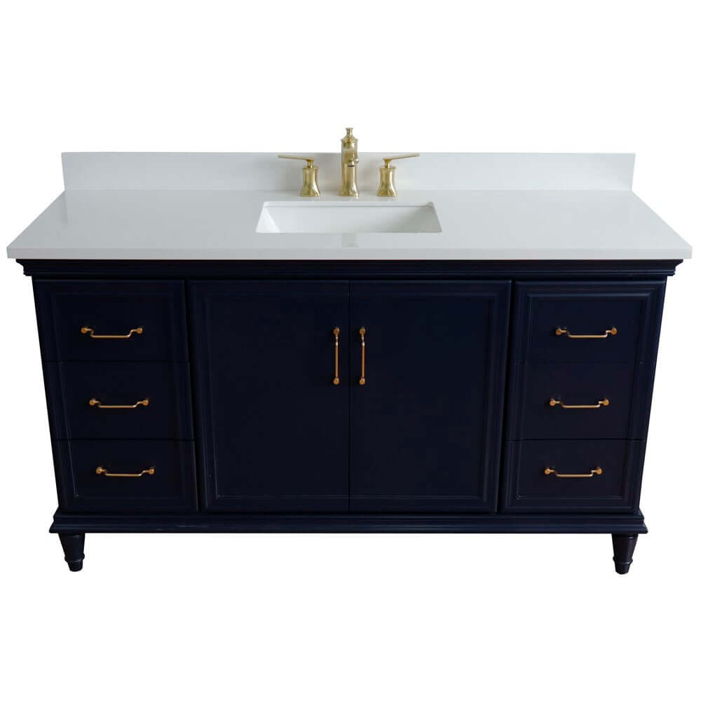 61" Single sink vanity in Blue finish and White quartz and rectangle sink - 400800-61S-BU-WER