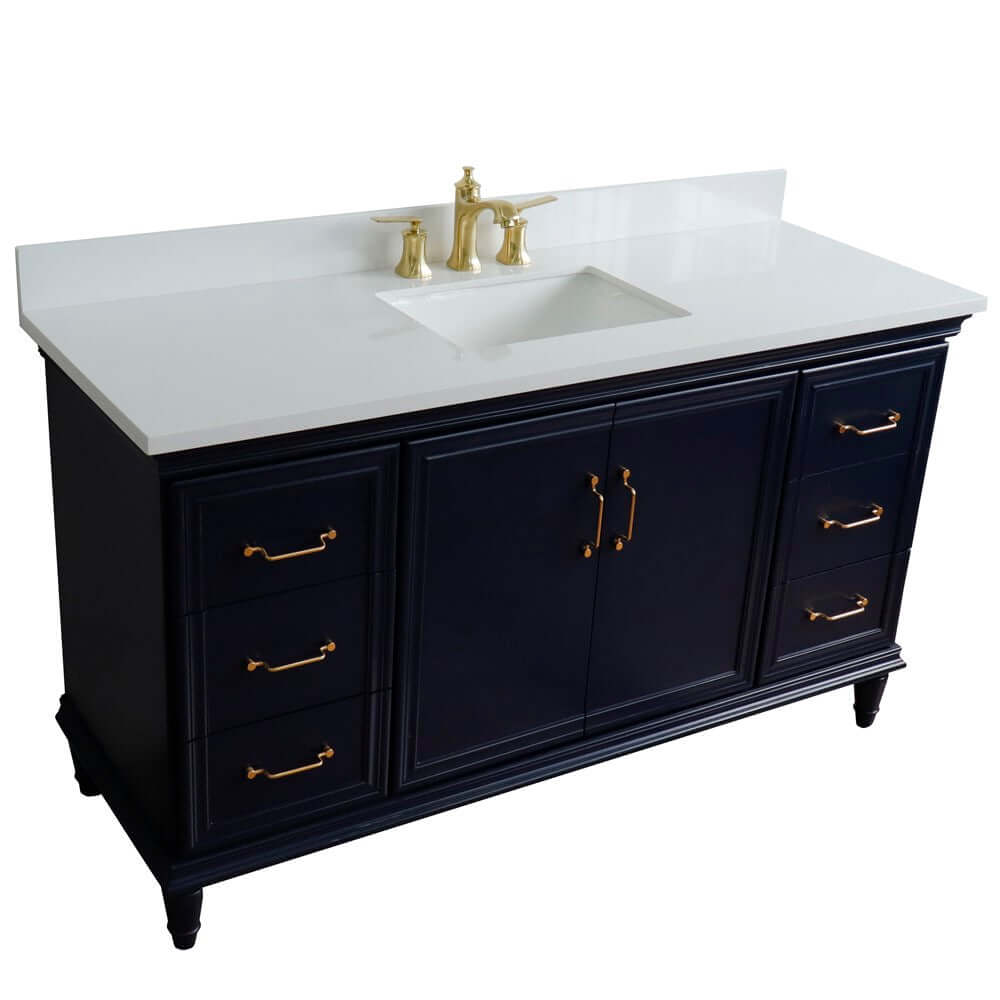 61" Single sink vanity in Blue finish and White quartz and rectangle sink - 400800-61S-BU-WER