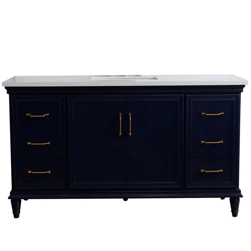 61" Single sink vanity in Blue finish and White quartz and rectangle sink - 400800-61S-BU-WER