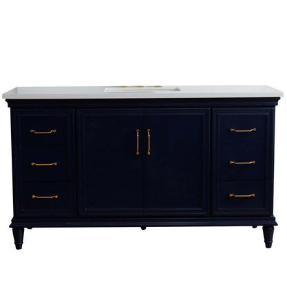 61" Single sink vanity in Blue finish and White quartz and rectangle sink - 400800-61S-BU-WER