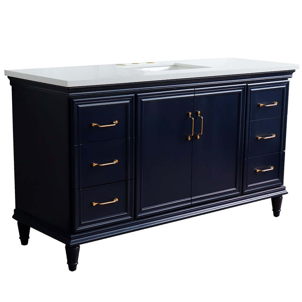 61" Single sink vanity in Blue finish and White quartz and rectangle sink - 400800-61S-BU-WER