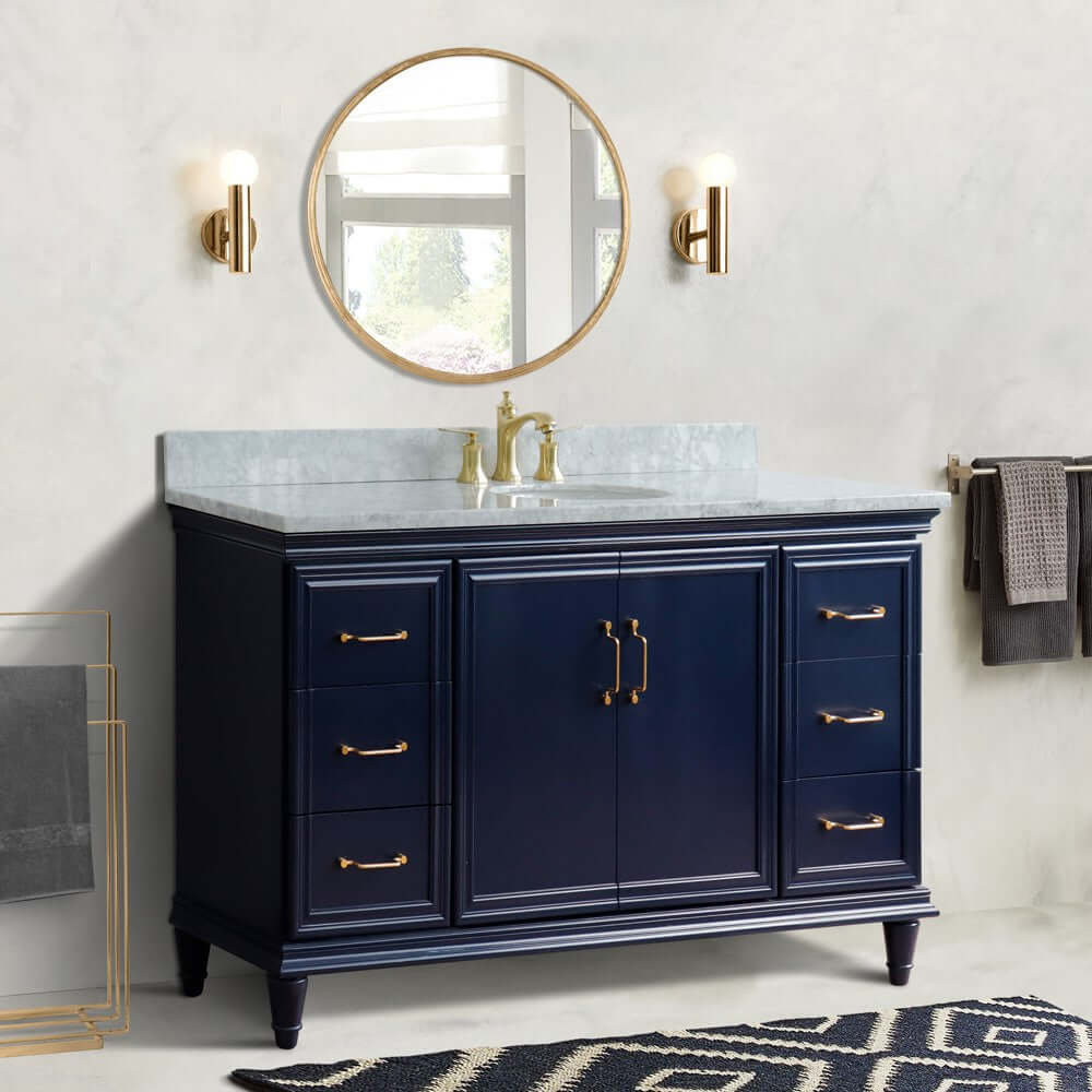 61" Single sink vanity in Blue finish and White Carrara marble and oval sink - 400800-61S-BU-WMO