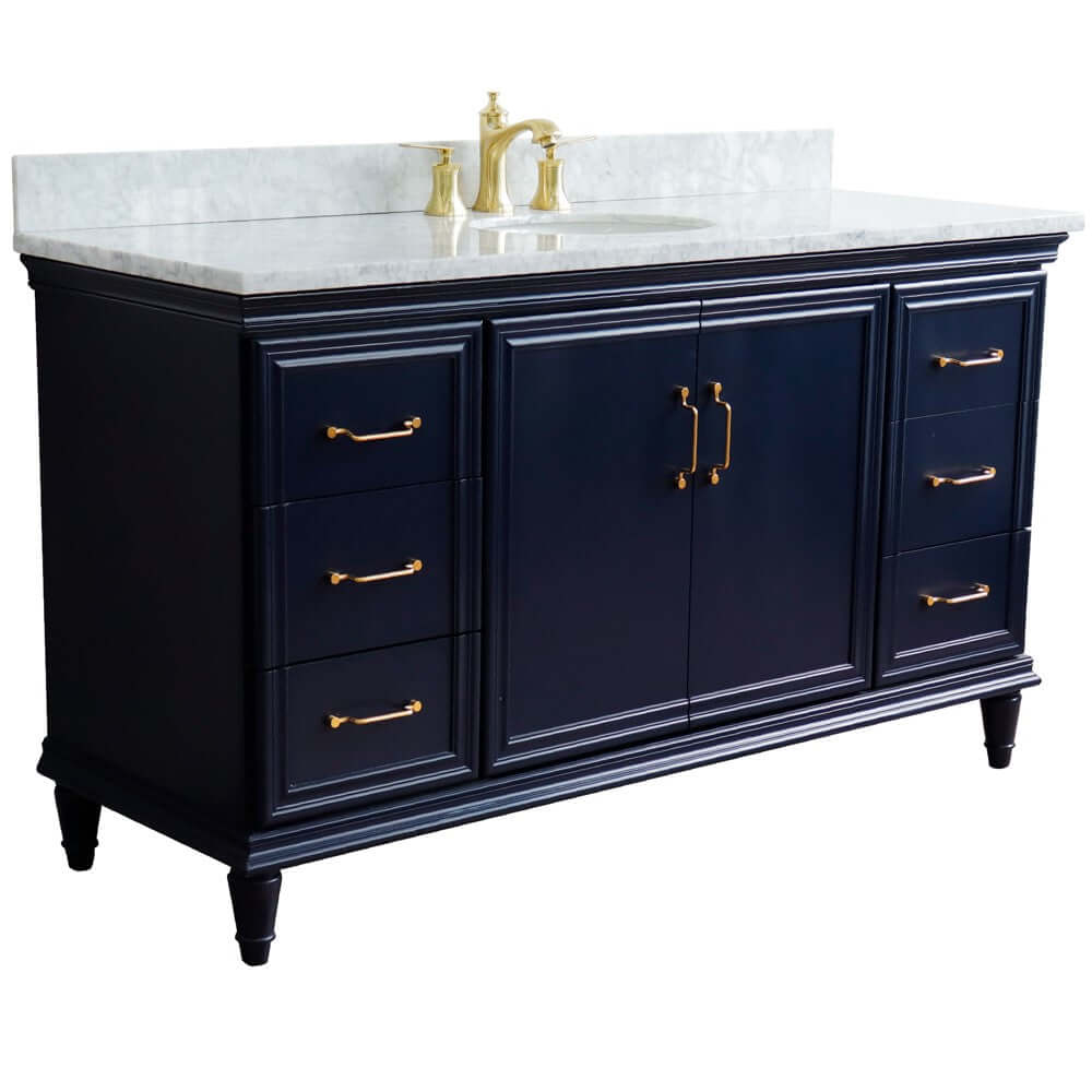 61" Single sink vanity in Blue finish and White Carrara marble and oval sink - 400800-61S-BU-WMO