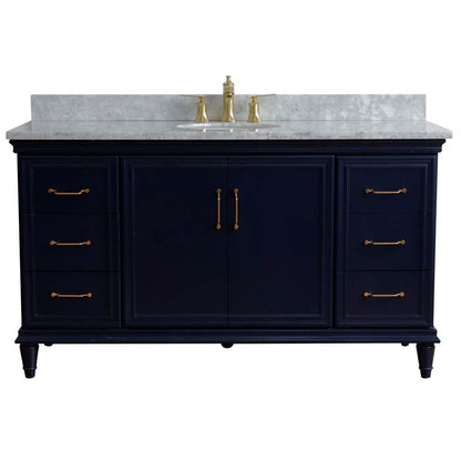 61" Single sink vanity in Blue finish and White Carrara marble and oval sink - 400800-61S-BU-WMO