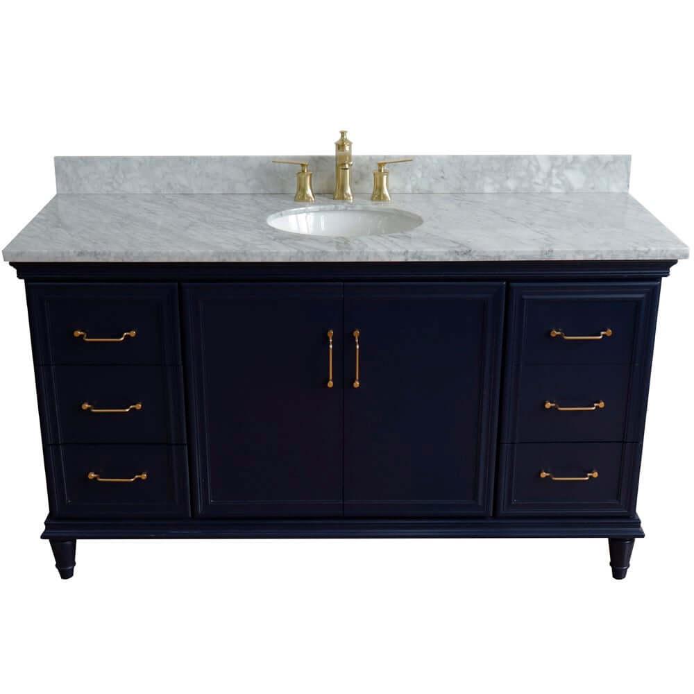 61" Single sink vanity in Blue finish and White Carrara marble and oval sink - 400800-61S-BU-WMO