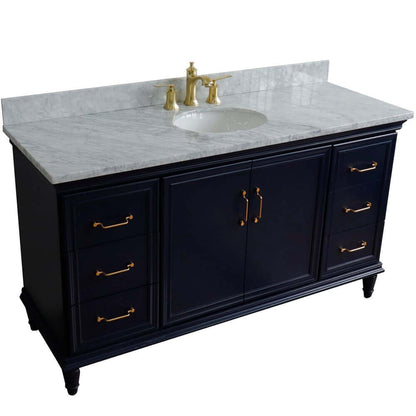 61" Single sink vanity in Blue finish and White Carrara marble and oval sink - 400800-61S-BU-WMO