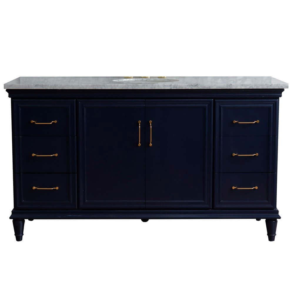 61" Single sink vanity in Blue finish and White Carrara marble and oval sink - 400800-61S-BU-WMO