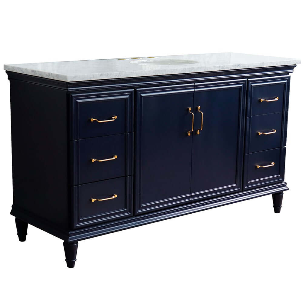 61" Single sink vanity in Blue finish and White Carrara marble and oval sink - 400800-61S-BU-WMO