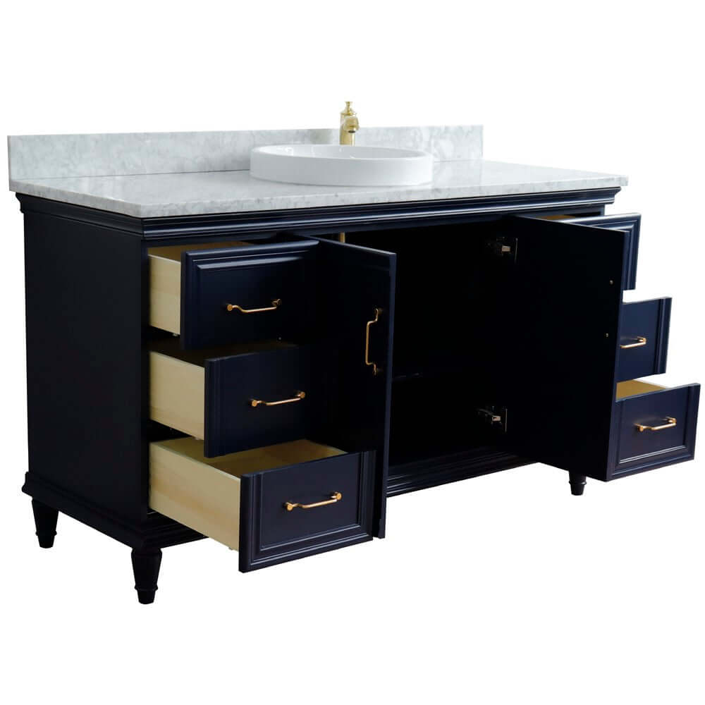 61" Single sink vanity in Blue finish and White Carrara marble and round sink - 400800-61S-BU-WMRD