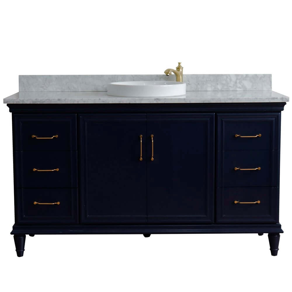 61" Single sink vanity in Blue finish and White Carrara marble and round sink - 400800-61S-BU-WMRD