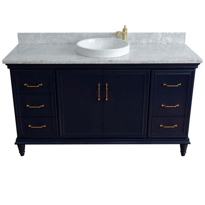 61" Single sink vanity in Blue finish and White Carrara marble and round sink - 400800-61S-BU-WMRD