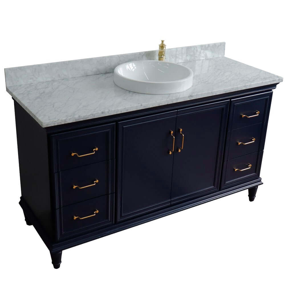 61" Single sink vanity in Blue finish and White Carrara marble and round sink - 400800-61S-BU-WMRD