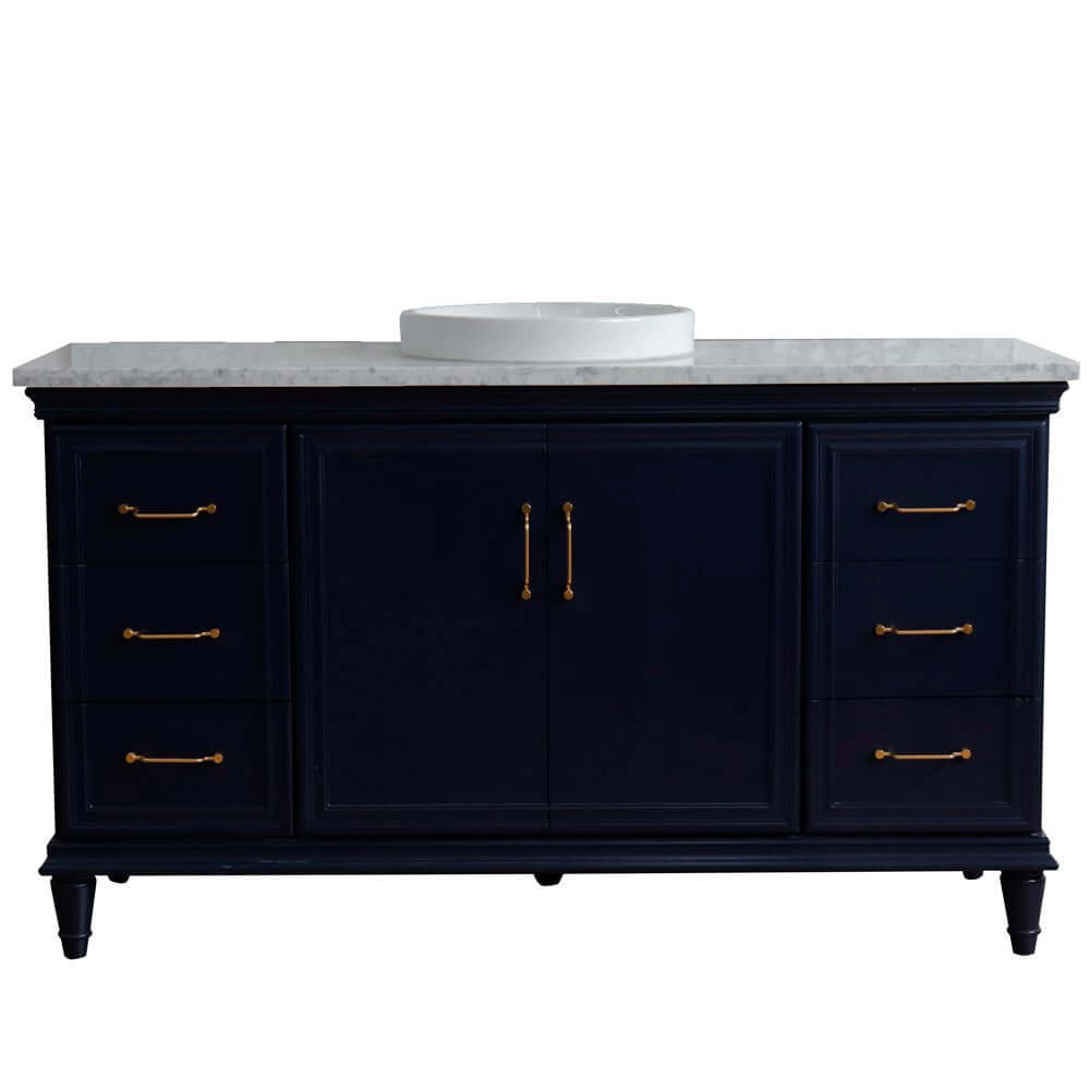 61" Single sink vanity in Blue finish and White Carrara marble and round sink - 400800-61S-BU-WMRD