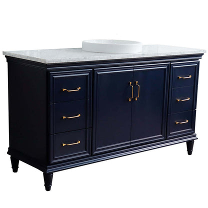 61" Single sink vanity in Blue finish and White Carrara marble and round sink - 400800-61S-BU-WMRD