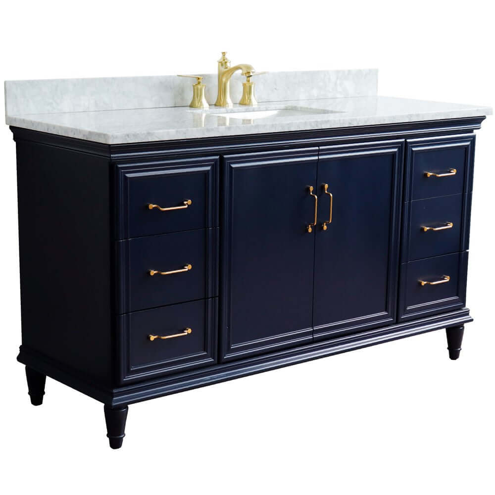 61" Single sink vanity in Blue finish and White Carrara marble and rectangle sink - 400800-61S-BU-WMR