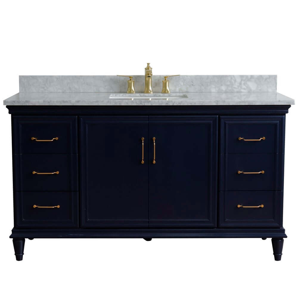 61" Single sink vanity in Blue finish and White Carrara marble and rectangle sink - 400800-61S-BU-WMR