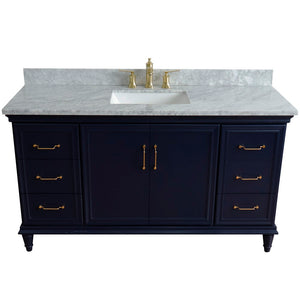 61" Single sink vanity in Blue finish and White Carrara marble and rectangle sink - 400800-61S-BU-WMR