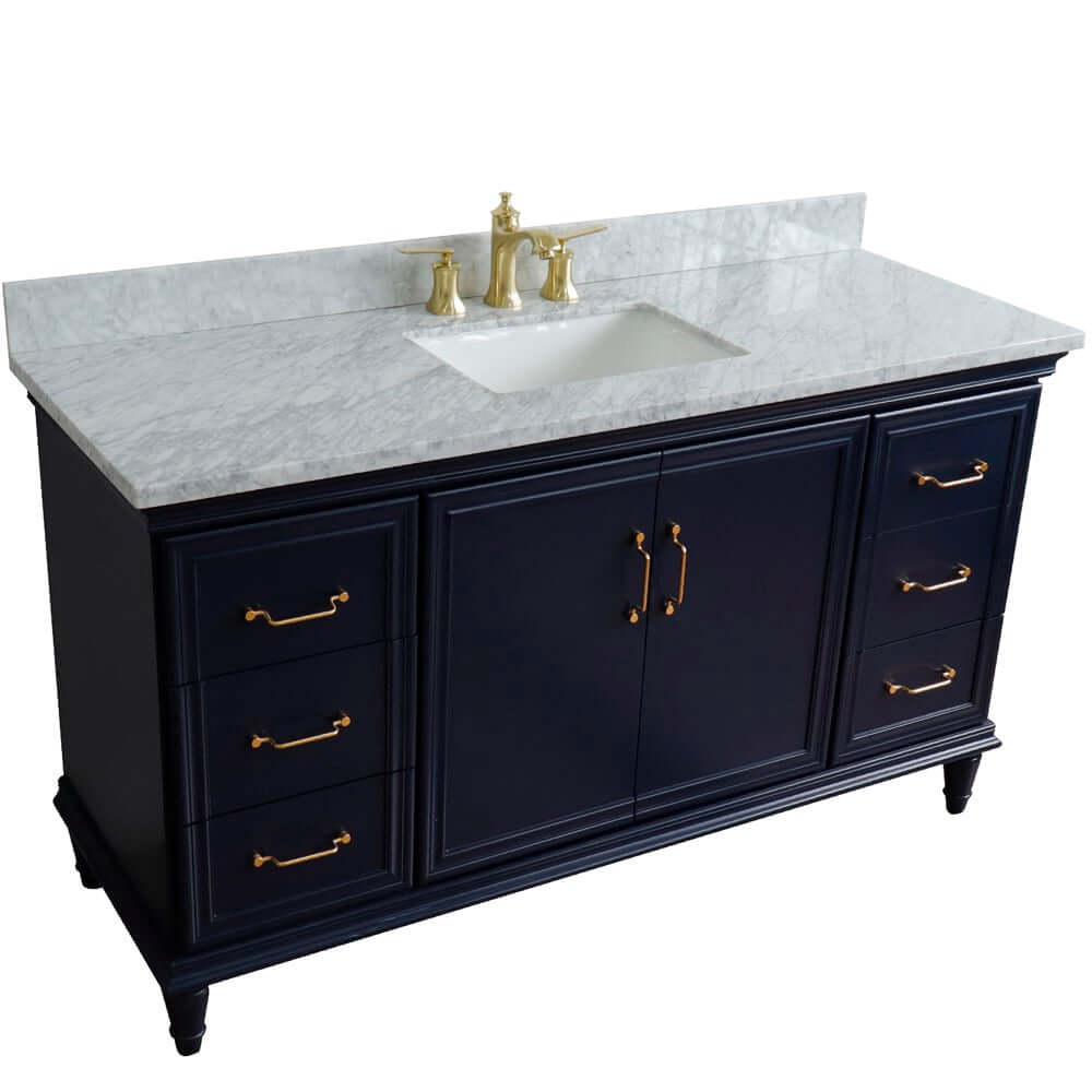 61" Single sink vanity in Blue finish and White Carrara marble and rectangle sink - 400800-61S-BU-WMR