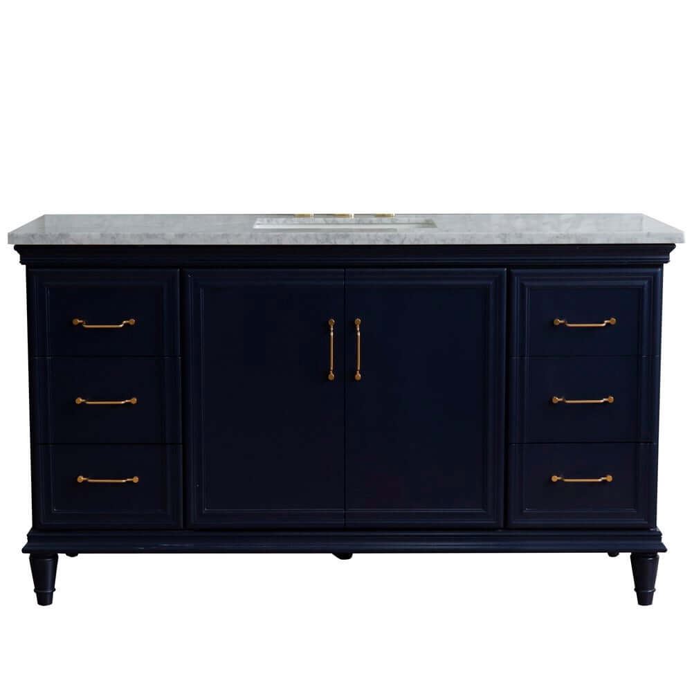 61" Single sink vanity in Blue finish and White Carrara marble and rectangle sink - 400800-61S-BU-WMR