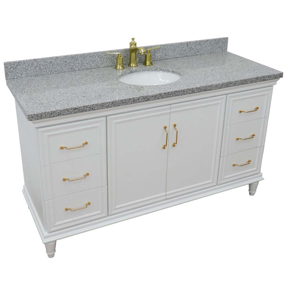 61" Single vanity in White finish with Gray granite and oval sink - 400800-61S-WH-GYO