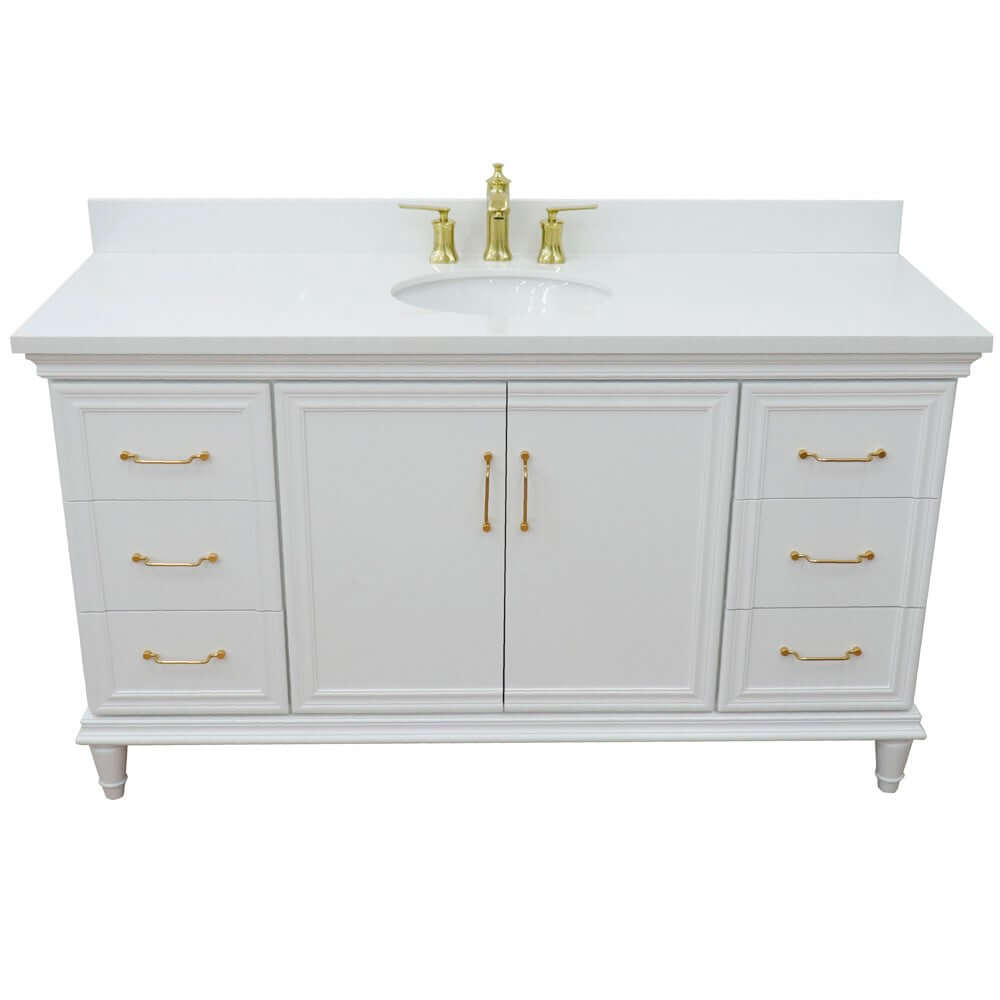 61" Single vanity in White finish with White quartz and oval sink - 400800-61S-WH-WEO