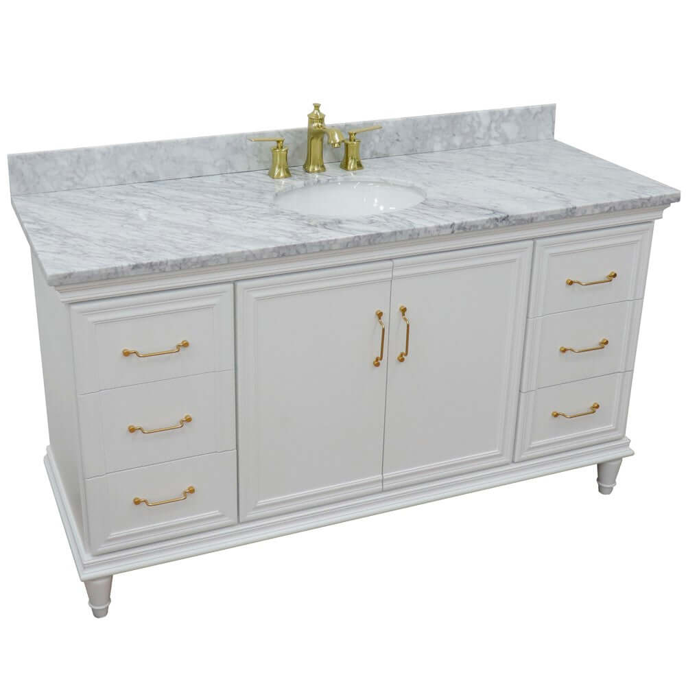 61" Single vanity in White finish with White Carrara and oval sink - 400800-61S-WH-WMO