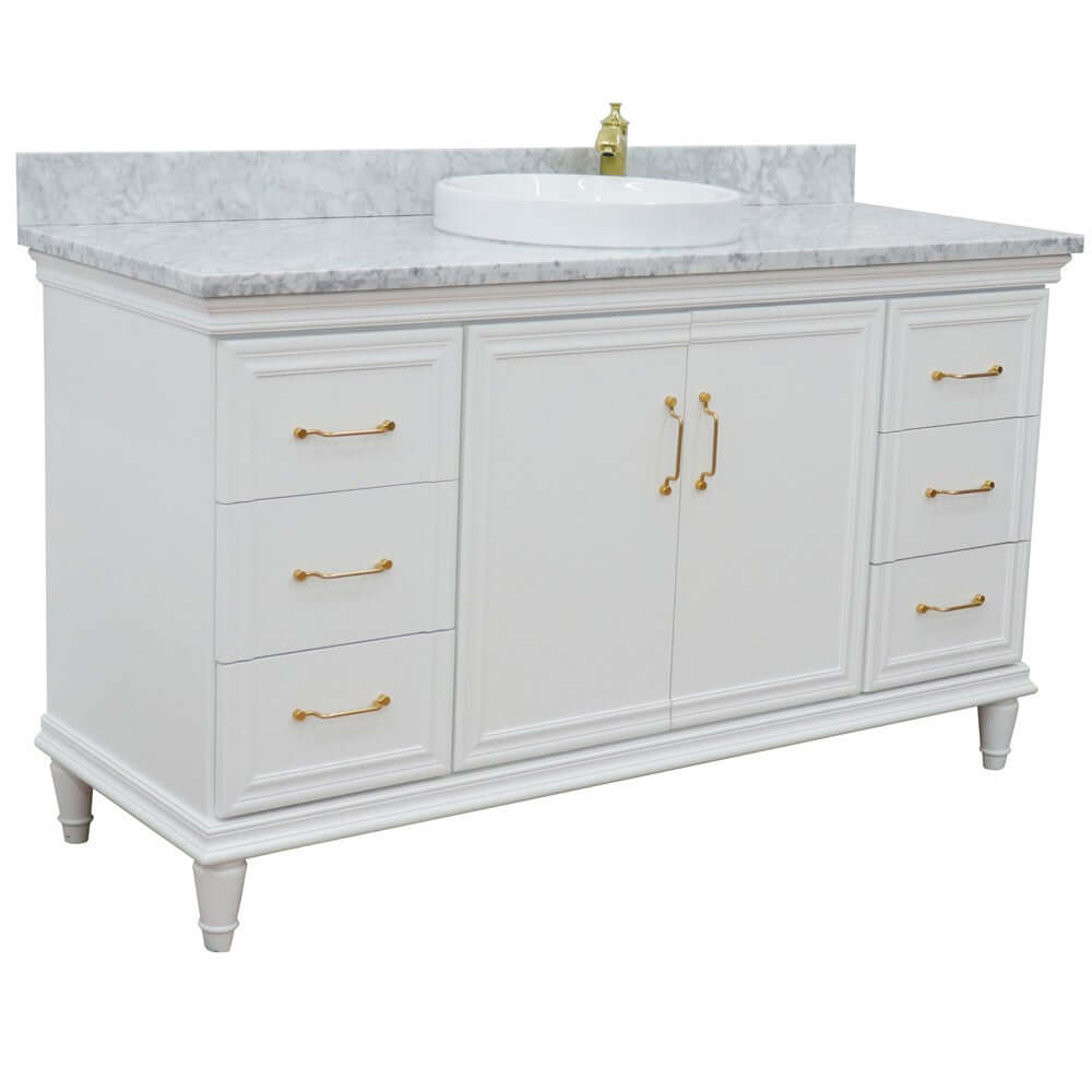 61" Single vanity in White finish with White Carrara and round sink - 400800-61S-WH-WMRD