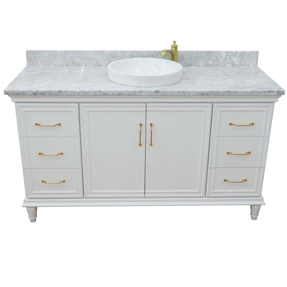 61" Single vanity in White finish with White Carrara and round sink - 400800-61S-WH-WMRD