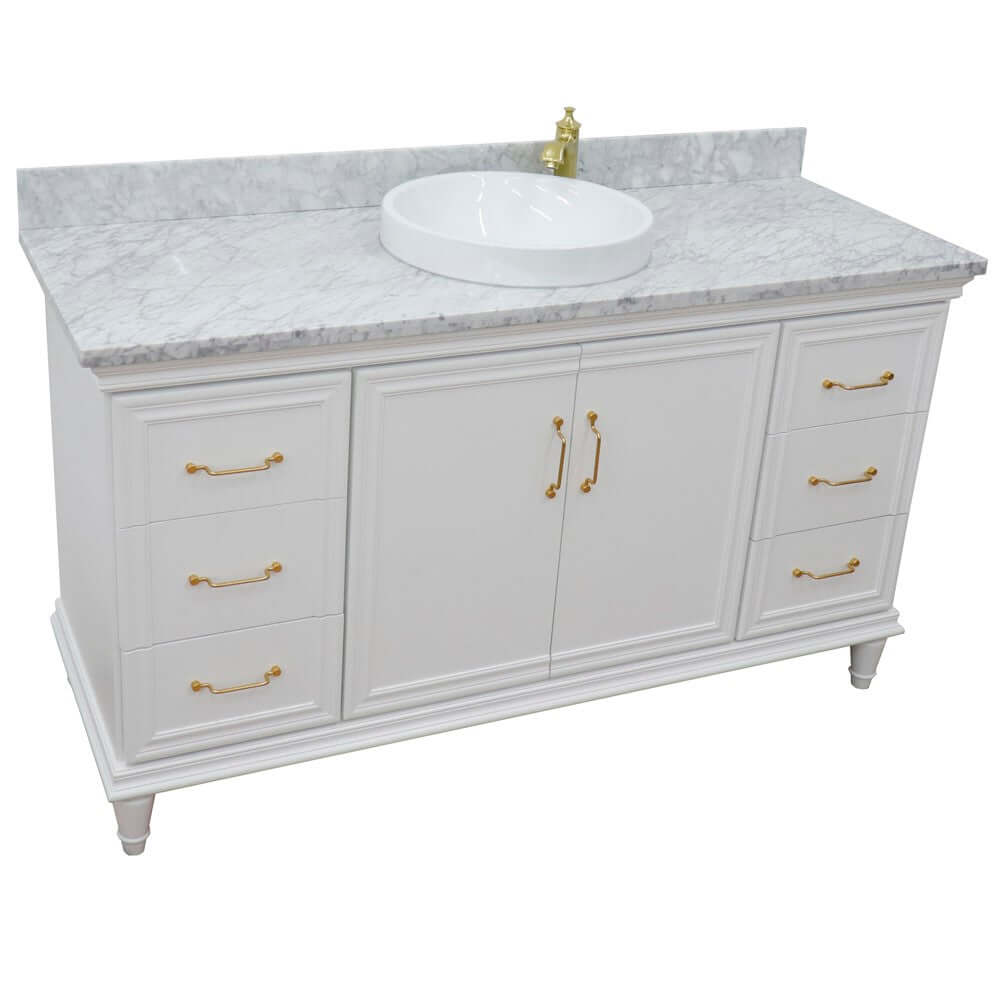 61" Single vanity in White finish with White Carrara and round sink - 400800-61S-WH-WMRD