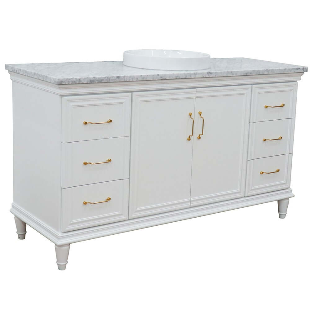 61" Single vanity in White finish with White Carrara and round sink - 400800-61S-WH-WMRD