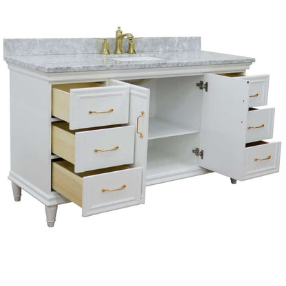 61" Single vanity in White finish with White Carrara and rectangle sink - 400800-61S-WH-WMR