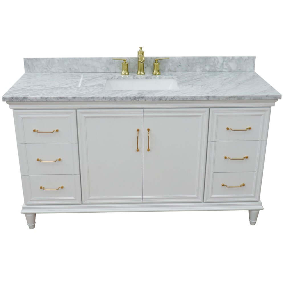 61" Single vanity in White finish with White Carrara and rectangle sink - 400800-61S-WH-WMR