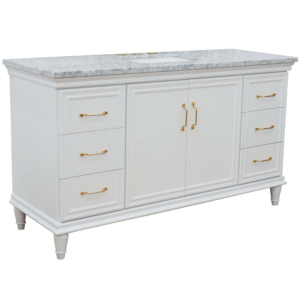 61" Single vanity in White finish with White Carrara and rectangle sink - 400800-61S-WH-WMR