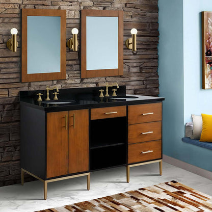 61" Double sink vanity in Walnut and Black finish and Black galaxy granite and oval sink - 400900-61D-WB-BGO