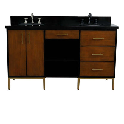 61" Double sink vanity in Walnut and Black finish and Black galaxy granite and oval sink - 400900-61D-WB-BGO