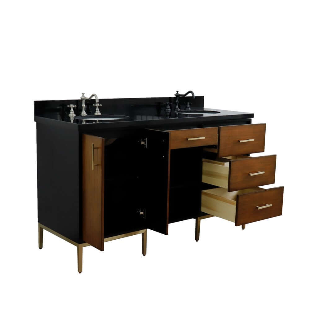 61" Double sink vanity in Walnut and Black finish and Black galaxy granite and oval sink - 400900-61D-WB-BGO