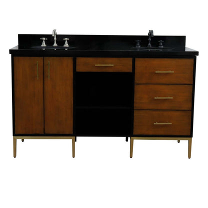 61" Double sink vanity in Walnut and Black finish and Black galaxy granite and oval sink - 400900-61D-WB-BGO