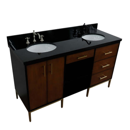 61" Double sink vanity in Walnut and Black finish and Black galaxy granite and oval sink - 400900-61D-WB-BGO