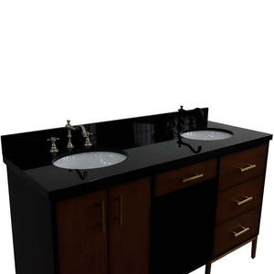 61" Double sink vanity in Walnut and Black finish and Black galaxy granite and oval sink - 400900-61D-WB-BGO