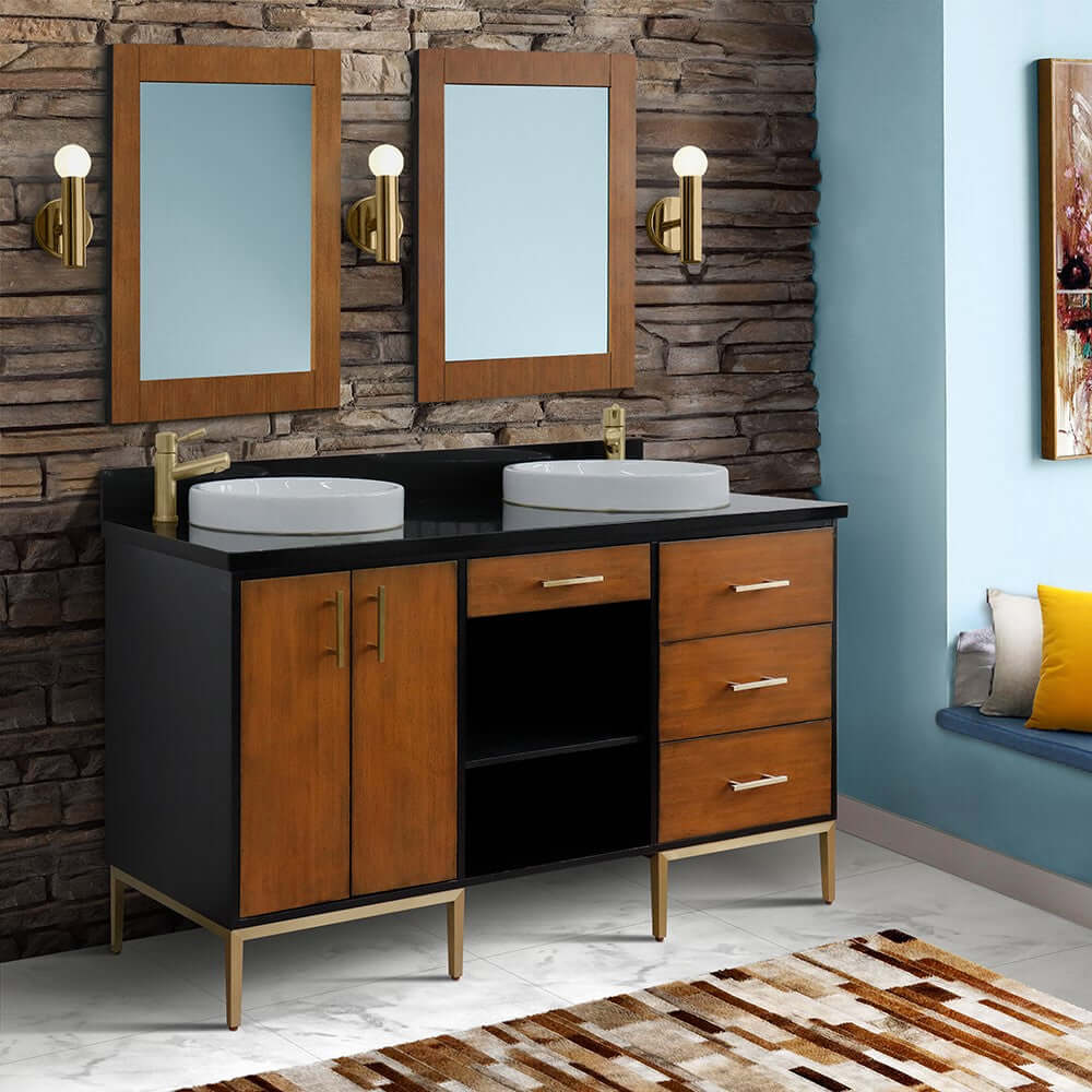 61" Double sink vanity in Walnut and Black finish and Black galaxy granite and round sink - 400900-61D-WB-BGRD