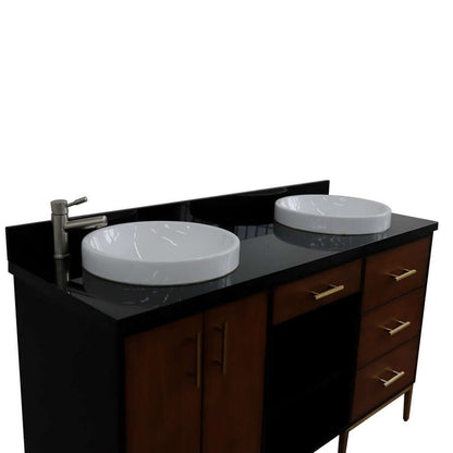 61" Double sink vanity in Walnut and Black finish and Black galaxy granite and round sink - 400900-61D-WB-BGRD