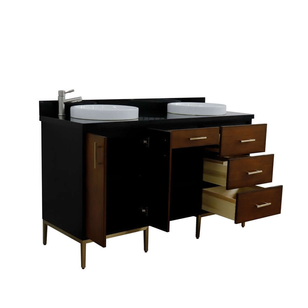 61" Double sink vanity in Walnut and Black finish and Black galaxy granite and round sink - 400900-61D-WB-BGRD