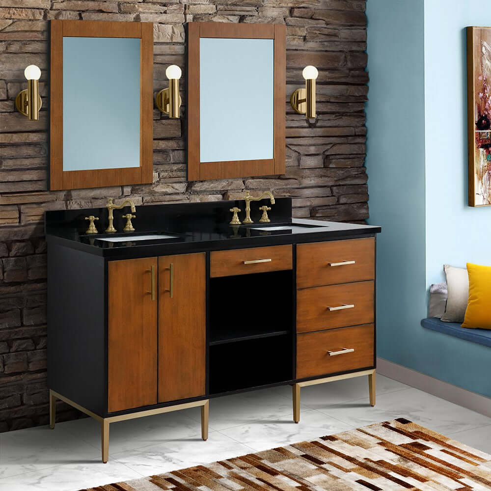 61" Double sink vanity in Walnut and Black finish and Black galaxy granite and rectangle sink - 400900-61D-WB-BGR