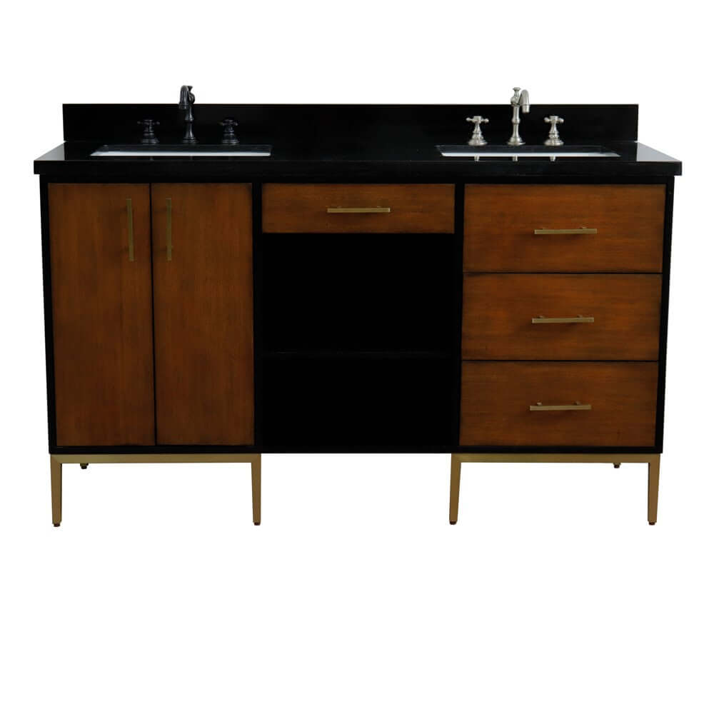 61" Double sink vanity in Walnut and Black finish and Black galaxy granite and rectangle sink - 400900-61D-WB-BGR