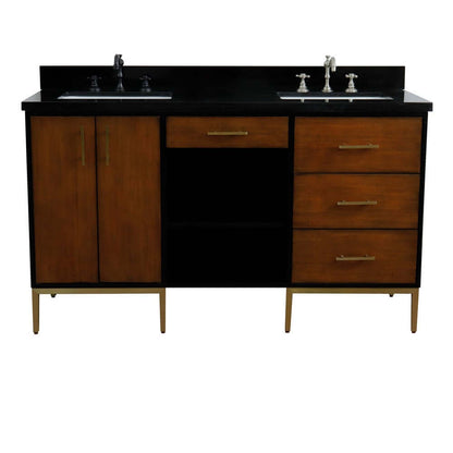 61" Double sink vanity in Walnut and Black finish and Black galaxy granite and rectangle sink - 400900-61D-WB-BGR