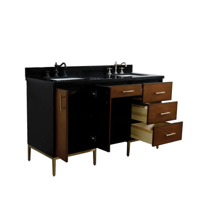 61" Double sink vanity in Walnut and Black finish and Black galaxy granite and rectangle sink - 400900-61D-WB-BGR